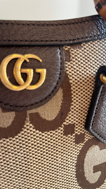 Gucci Diana jumbo GG small tote bag in camel and ebony canvas