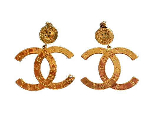 Chanel Large CC Button Drop Earrings Gold Tone