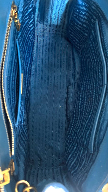 Prada Blue Saffiano Lux Patent Leather Small Double Zip Tote Prada
