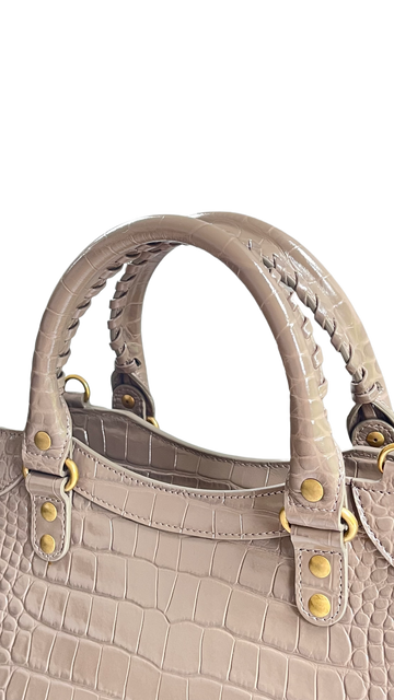 BALENCIAGA: Neo Classic City mini bag in crocodile print leather - White